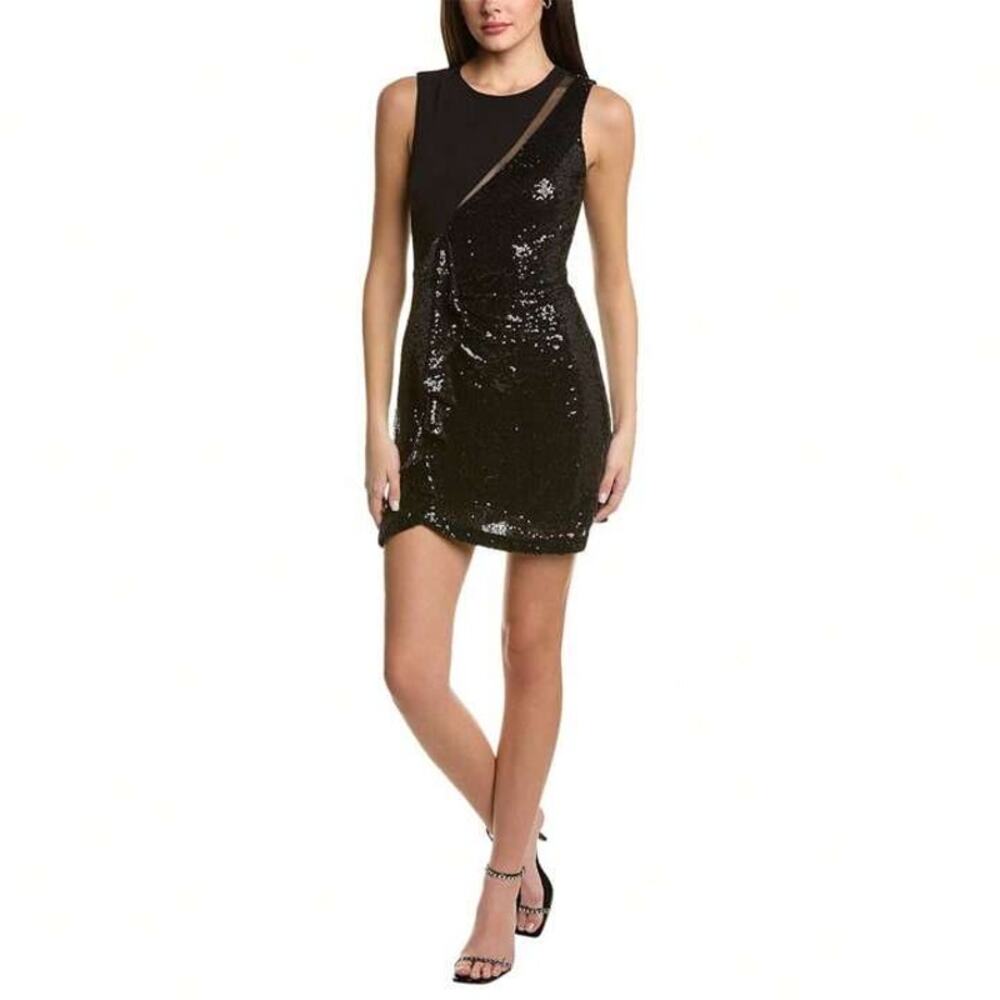 Laundry Shelli Segal Black Sequin Asymmetric Ruffle Cocktail Mini Dress 6 NWT